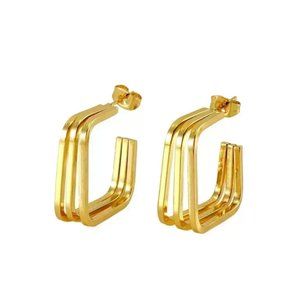 18K Gold Plated Stainless Steel Three Ring Square Cuff Earrings